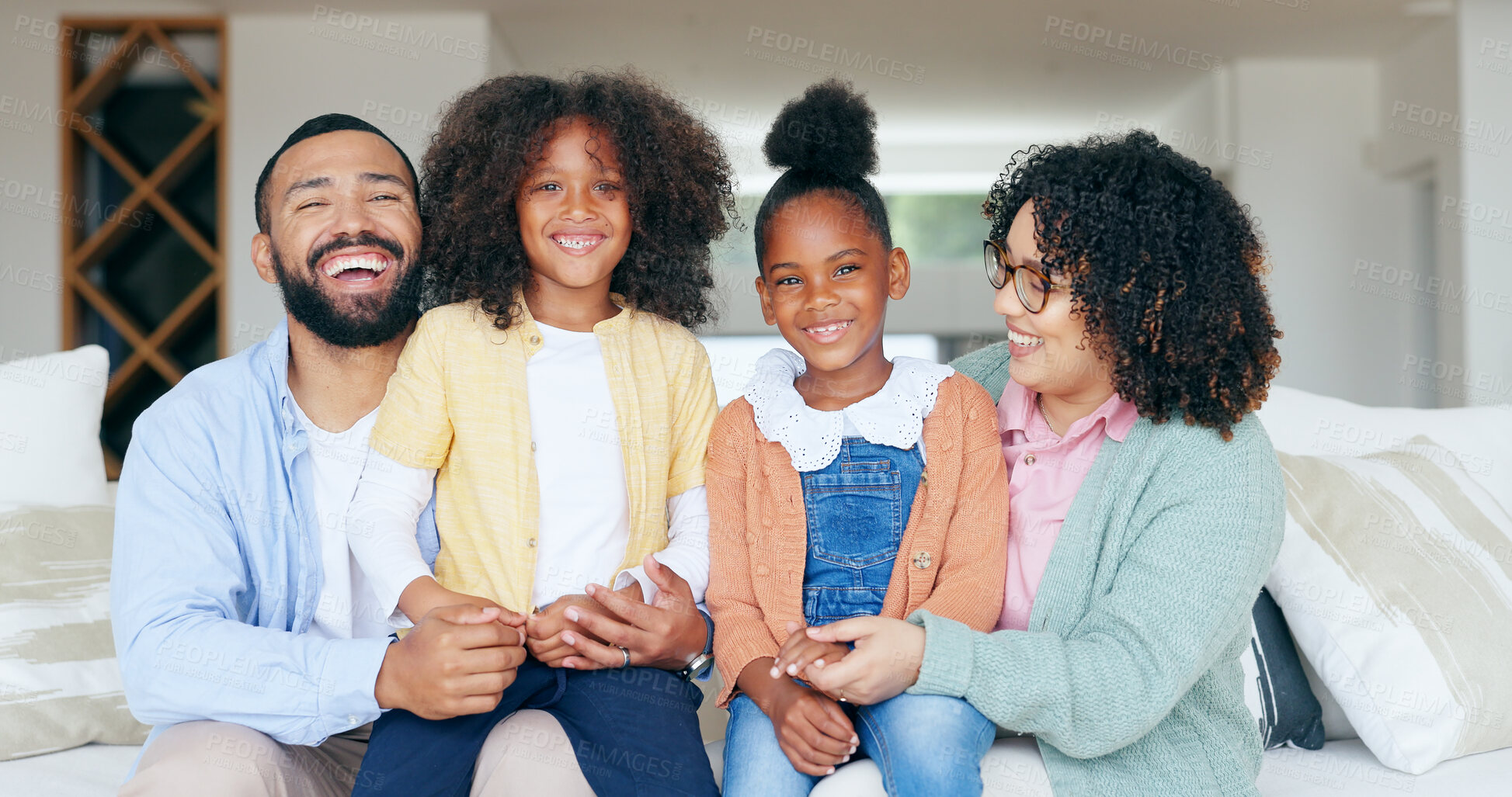 Buy stock photo Happy family in portrait with kids on sofa in home, bonding together for love or memory. Mother, father and girl children on couch in living room with trust, support or smile, relax with mom and dad 