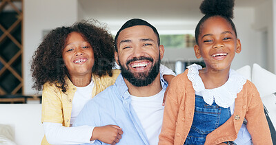 Buy stock photo Happy family, portrait of dad and kids in home, bonding together for love and memory on sofa. Support, trust and face of father with girl children in living room with smile, relax with man in house.