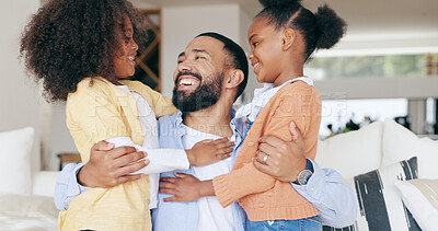 Buy stock photo Happy family, father and kids in home, hug and bonding together for love or memory on sofa. Support, trust and face of man with children in living room with smile, relax playing with dad in house.