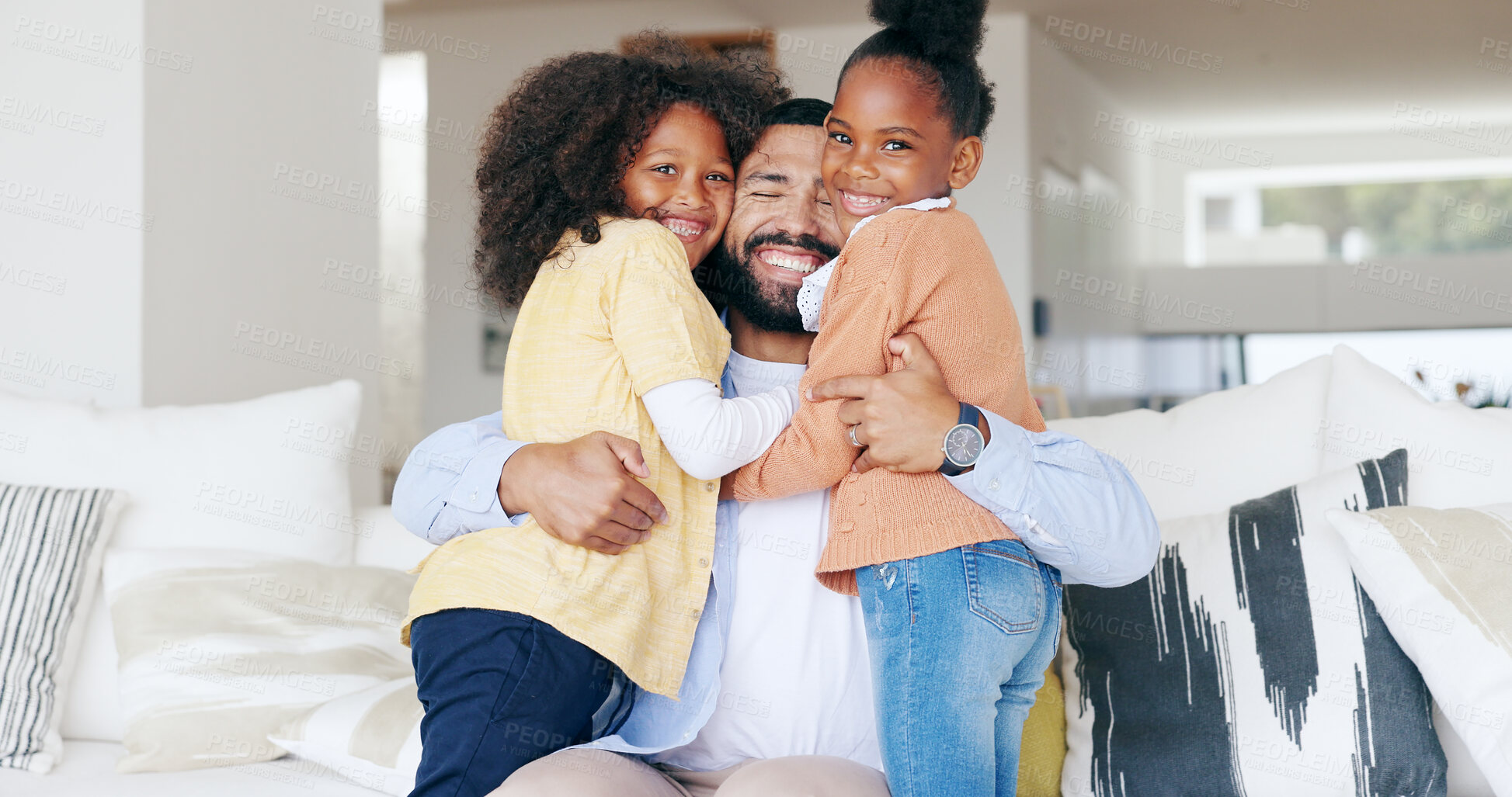 Buy stock photo Family, man and happy kids on sofa, hug and bonding together for love or memory in home. Support, trust and face of father with children in living room with smile, relax playing with dad in house.