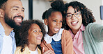 Happy family in funny selfie with kids in home, bonding together for love and memory on sofa. Photography, crazy face and parents with girl children in living room with smile, relax with mom and dad 