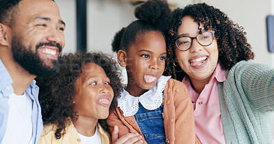 Buy stock photo Happy family in funny selfie with kids in home, bonding together for love and memory on sofa. Photography, crazy face and parents with girl children in living room with smile, relax with mom and dad 