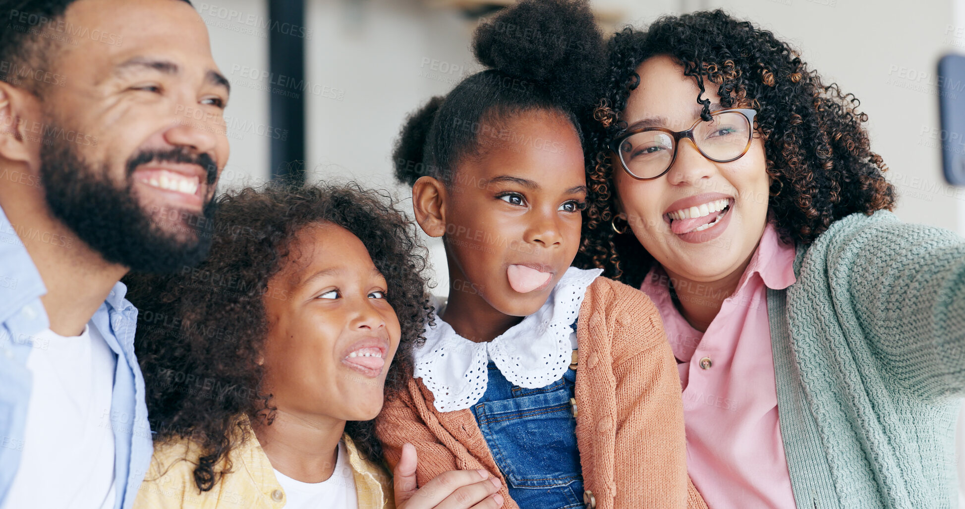 Buy stock photo Happy family in funny selfie with kids in home, bonding together for love and memory on sofa. Photography, crazy face and parents with girl children in living room with smile, relax with mom and dad 