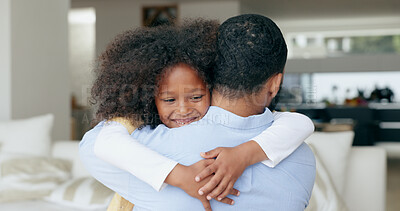 Buy stock photo Child, dad and hug in home, back and smile with welcome, reunion and memory with love in living room. African kid, father and embrace with connection, happy and bonding in lounge at family house