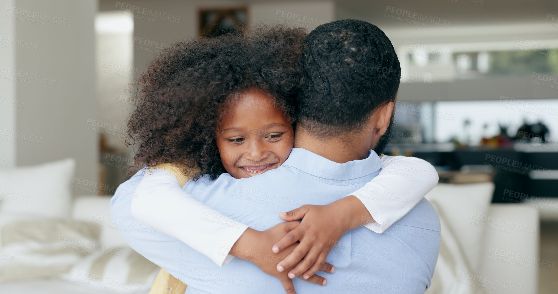 Buy stock photo Child, dad and hug in home, back and smile with welcome, reunion and memory with love in living room. African kid, father and embrace with connection, happy and bonding in lounge at family house