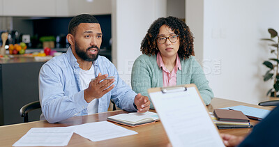 Buy stock photo Couple, married and advice for contract in home with notebook, paperwork or question. Man, woman and worried expression for discussion of legal document, compliance or insurance for future investment