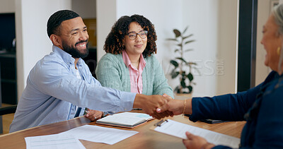 Buy stock photo Couple, handshake and lawyer with documents for real estate, property investment or loan application with smile. People, man and woman with advisor, paperwork and shaking hands for legal deal or will