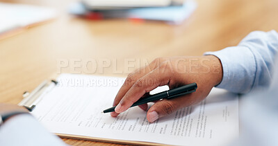 Closeup, hand and pen for contract in office for legal agreement, compliance or paperwork. Male person, lawyer and reading for document with information, life insurance and protection plan on desk