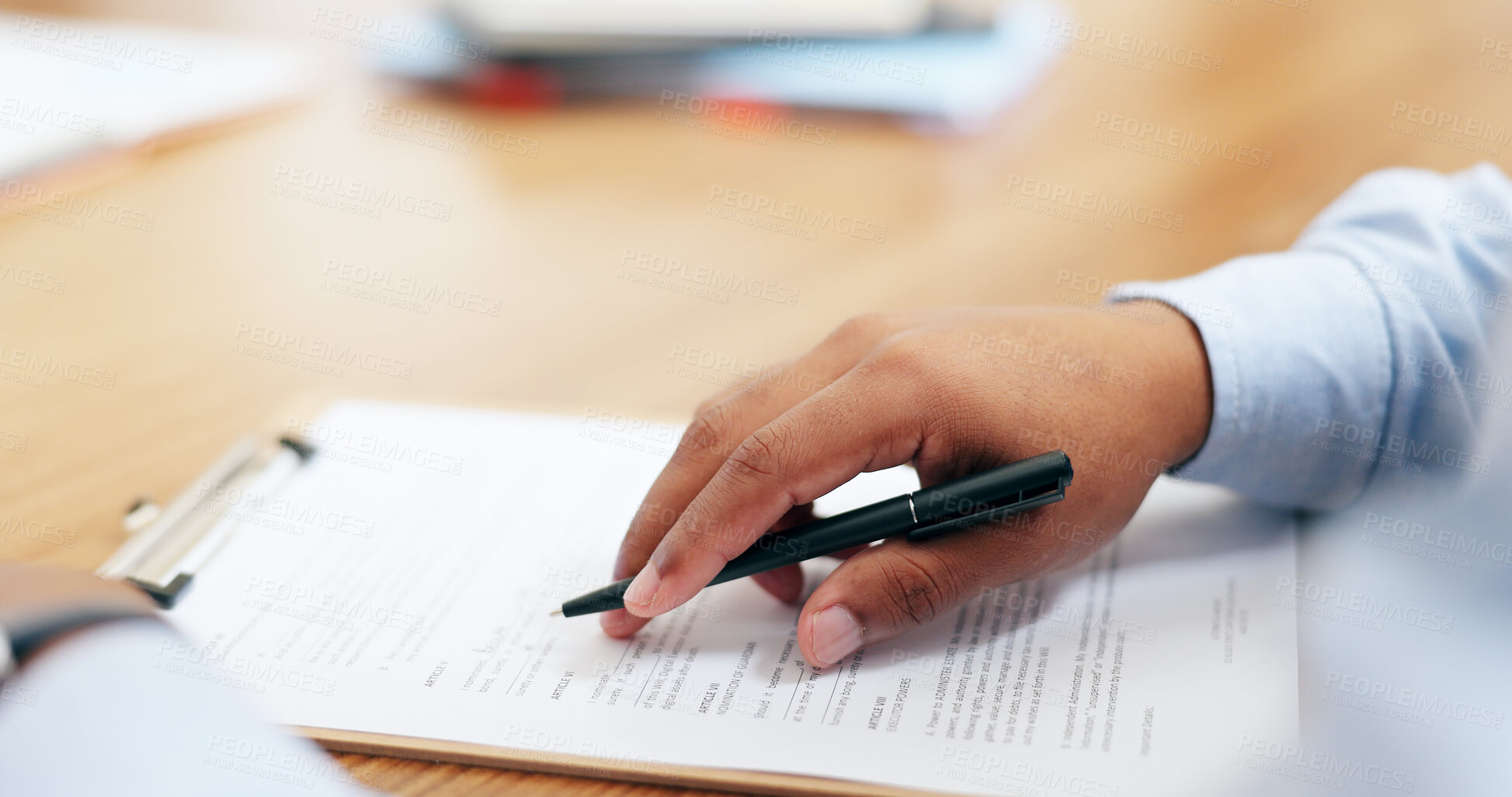 Buy stock photo Closeup, hand and pen for contract in office for legal agreement, compliance or paperwork. Male person, lawyer and reading for document with information, life insurance and protection plan on desk