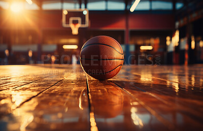 Basketball, indoor and court with ball on floor for athletic competition, fitness and recreation low angle. Exercise, cardio and texture of sports equipment for training, match and workout at sunset.