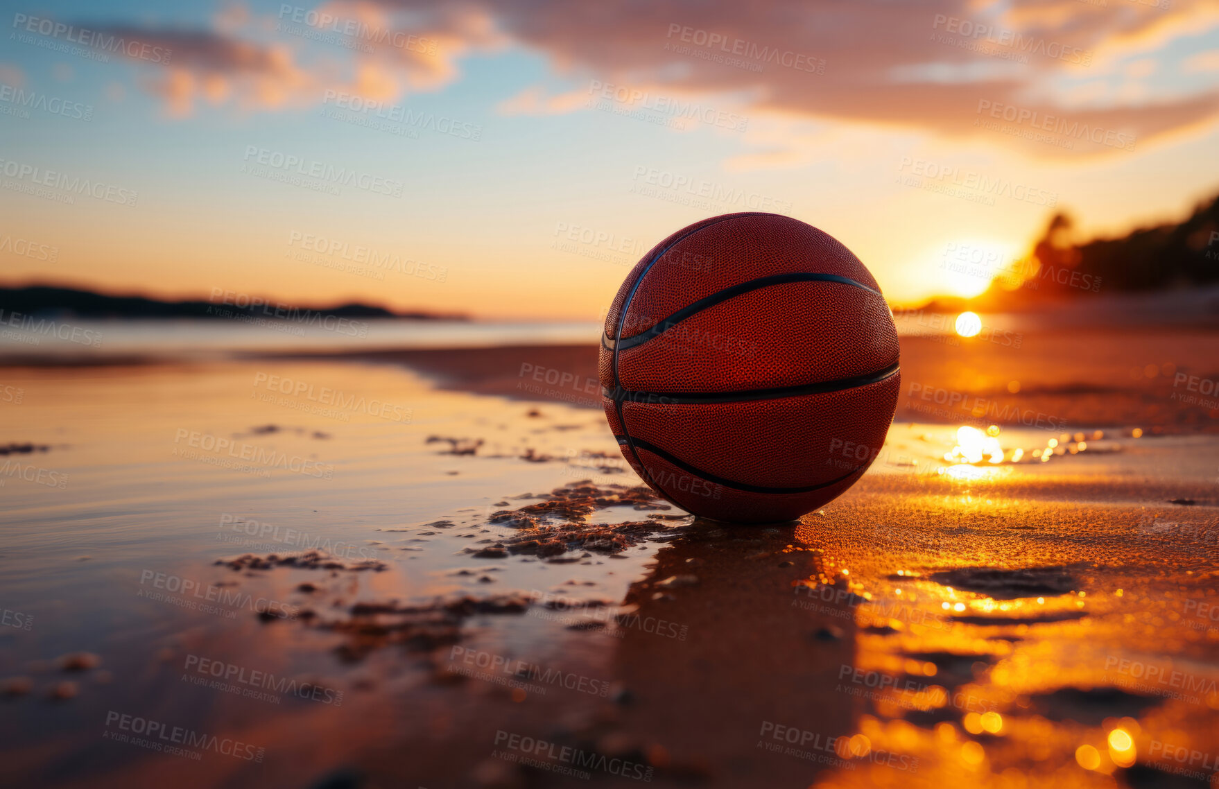 Buy stock photo Basketball, outdoor and beach with ball on floor for athletic competition or recreation low angle. Exercise, cardio and basketball court ground with basket board for sports, match or workout.