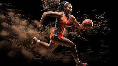 Basketball player, sports and training with fitness woman running with ball ready to shoot or throw playing at indoors court. Athlete doing exercise or professional match for health and wellness.