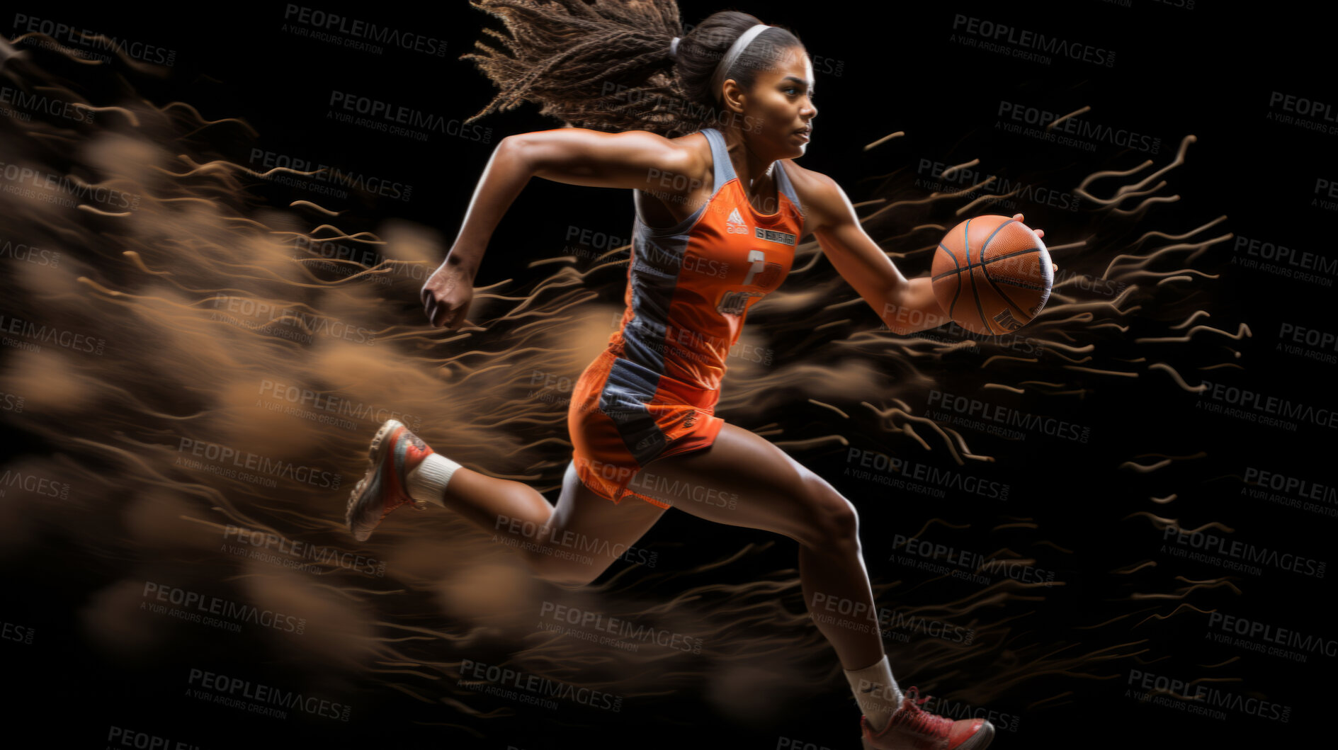 Buy stock photo Basketball player, sports and training with fitness woman running with ball ready to shoot or throw playing at indoors court. Athlete doing exercise or professional match for health and wellness.