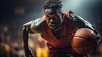 Basketball player, sports and training with fitness man holding ball ready to shoot or throw while playing at an indoors court. Athlete doing exercise or professional match for health and wellness.