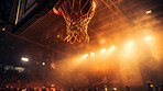 Basketball court, sport and hoop or ring net against indoors arena. Exercise, competitive and fun hobby for athletes with a ball on the basket for a goal with copy space or mock up indoors.