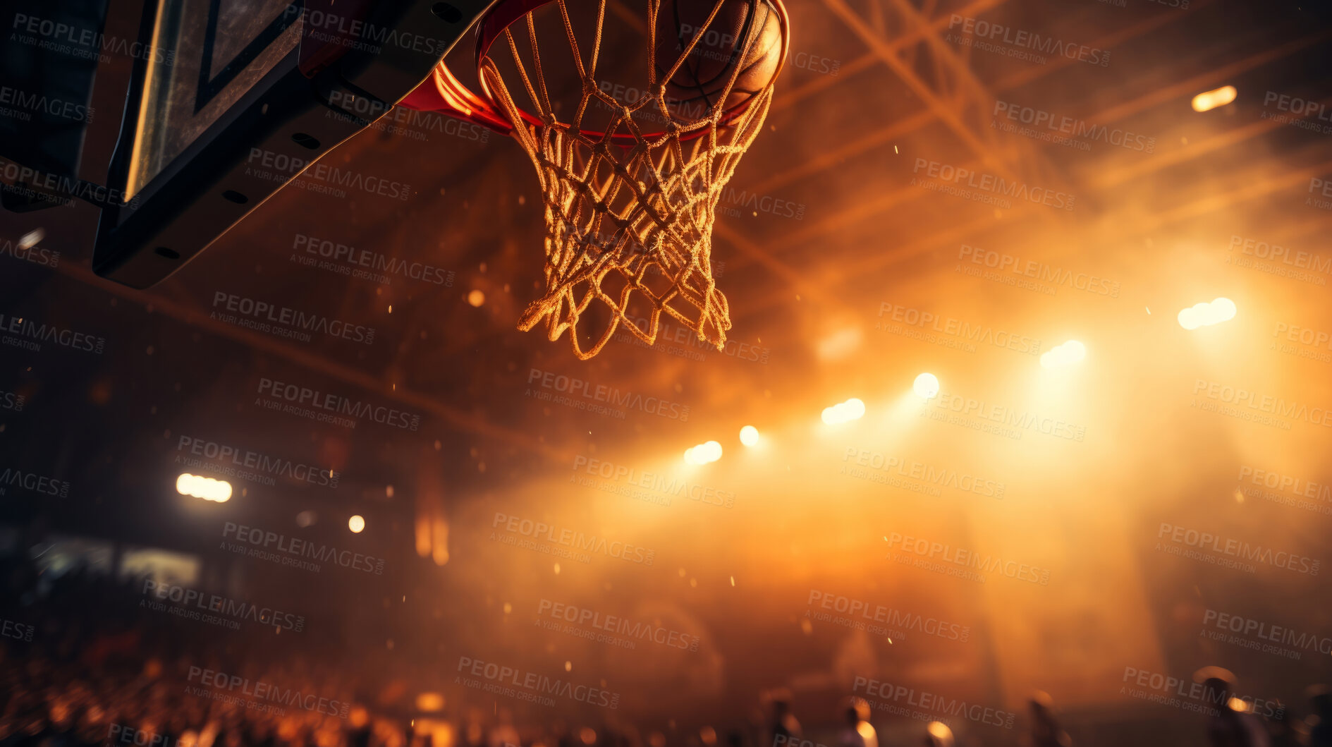 Buy stock photo Basketball court, sport and hoop or ring net against indoors arena. Exercise, competitive and fun hobby for athletes with a ball on the basket for a goal with copy space or mock up indoors.