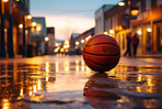 Basketball, outdoor and court with ball on urban street for athletic competition or recreation low angle. Exercise, cardio and basketball court ground with basket board for sports, match or workout.