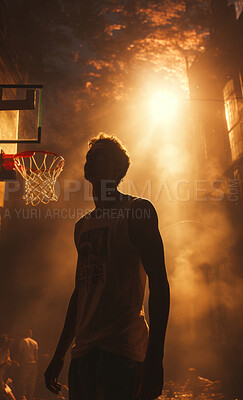 Basketball player, sports and training with fitness man in front of hoop ready to shoot, throw and silhouette on outdoor sunset court. Athlete, exercise or professional match for wellness health.
