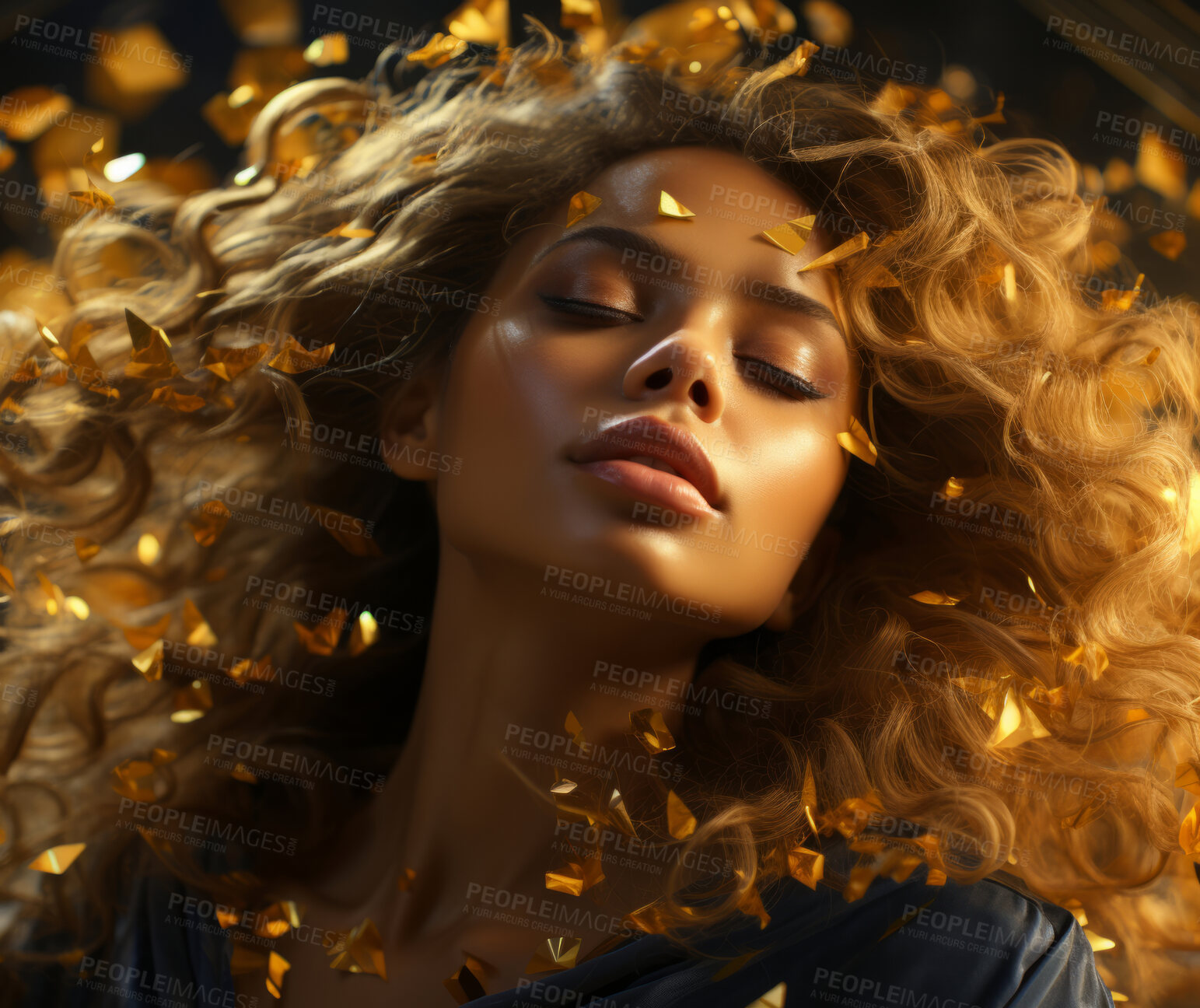 Buy stock photo Beauty, glitter and african american woman with gold makeup on black background with art, paint and cosmetics. Shine, glow and model in studio for facial fashion, aesthetic freedom and luxury skincare.