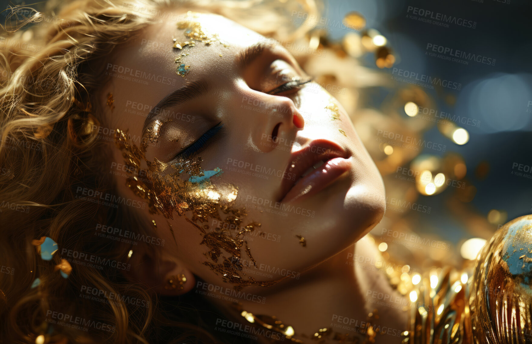 Buy stock photo Beauty, glitter and attractive woman with gold makeup on black background with art, paint and cosmetics. Shine, glow and model in studio for facial fashion, aesthetic freedom and luxury skincare.