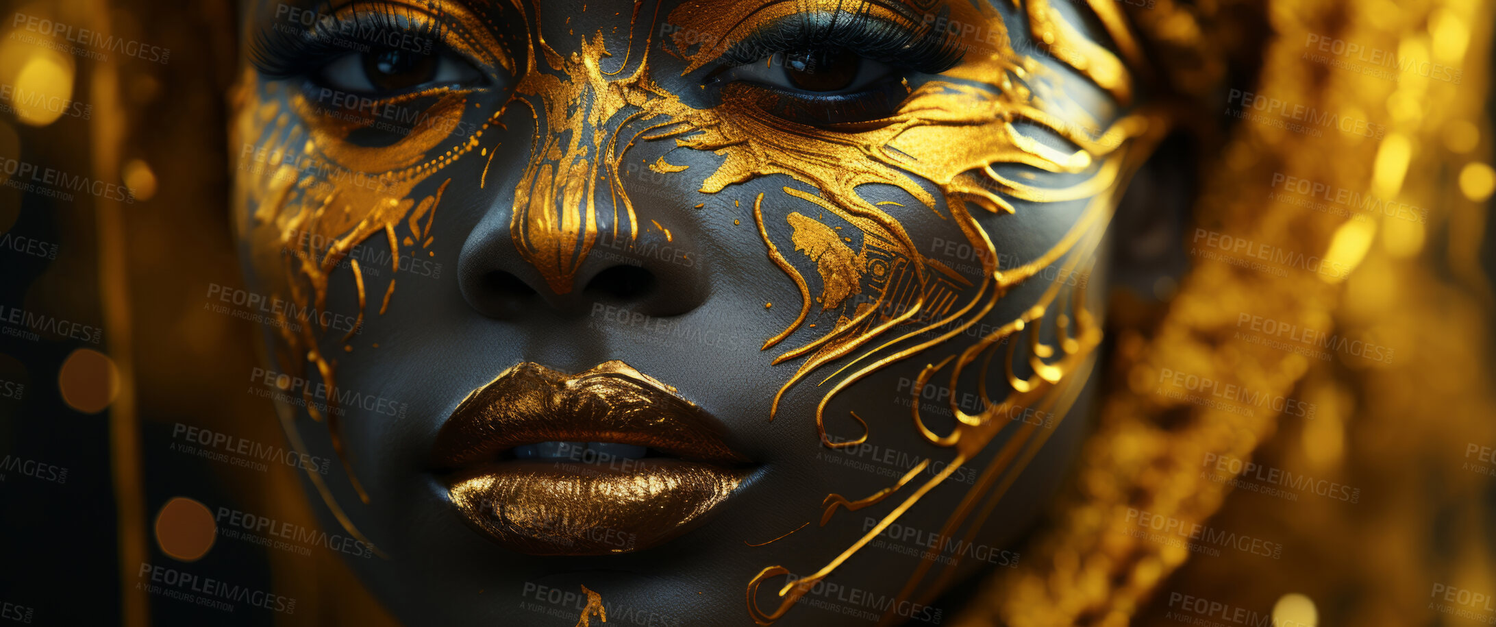 Buy stock photo Beauty, glitter and african woman with gold makeup on black background with art, paint and cosmetics. Shine, glow and model in studio for facial fashion, aesthetic freedom and luxury skincare.