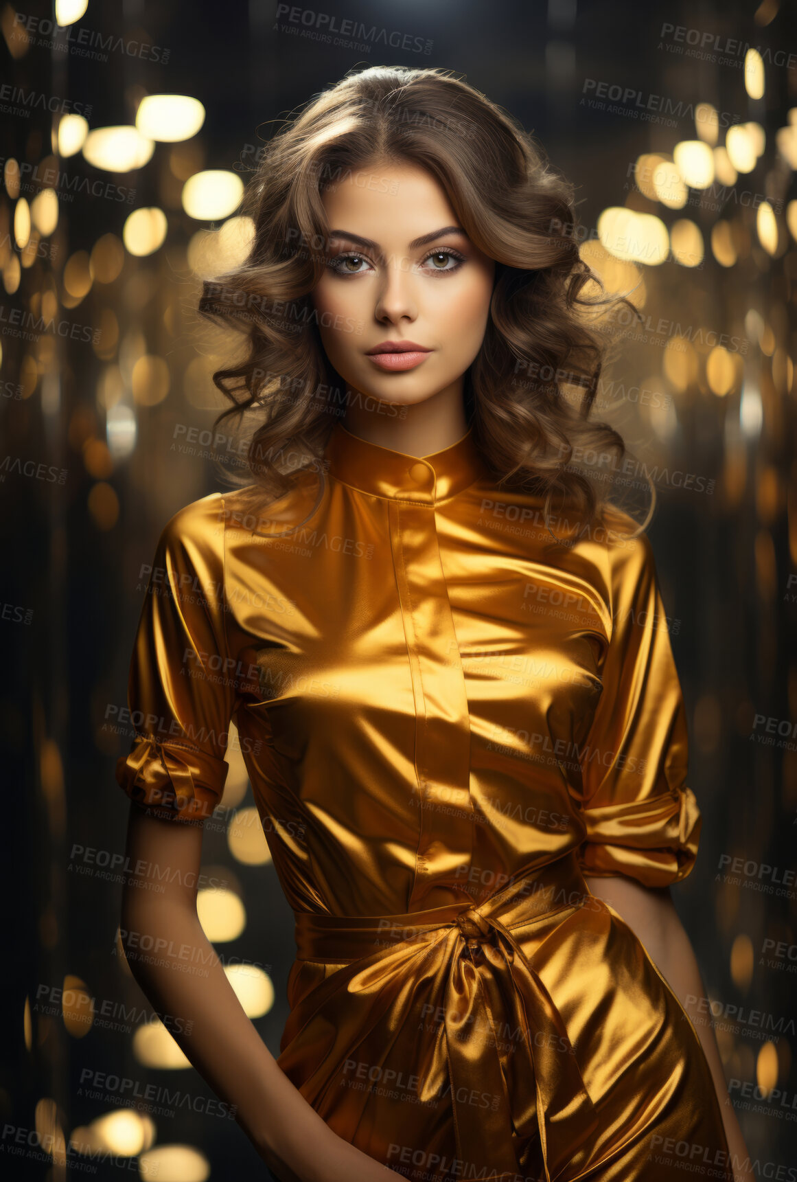 Buy stock photo Beauty, glitter and caucasian woman with gold makeup on black background with art, paint and cosmetics. Shine, glow and model in studio for facial fashion, aesthetic freedom and luxury skincare.