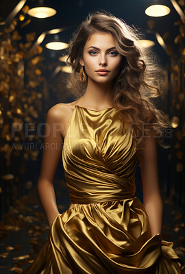 Beauty, glitter and caucasian woman with gold makeup on black background with art, paint and cosmetics. Shine, glow and model in studio for facial fashion, aesthetic freedom and luxury skincare.