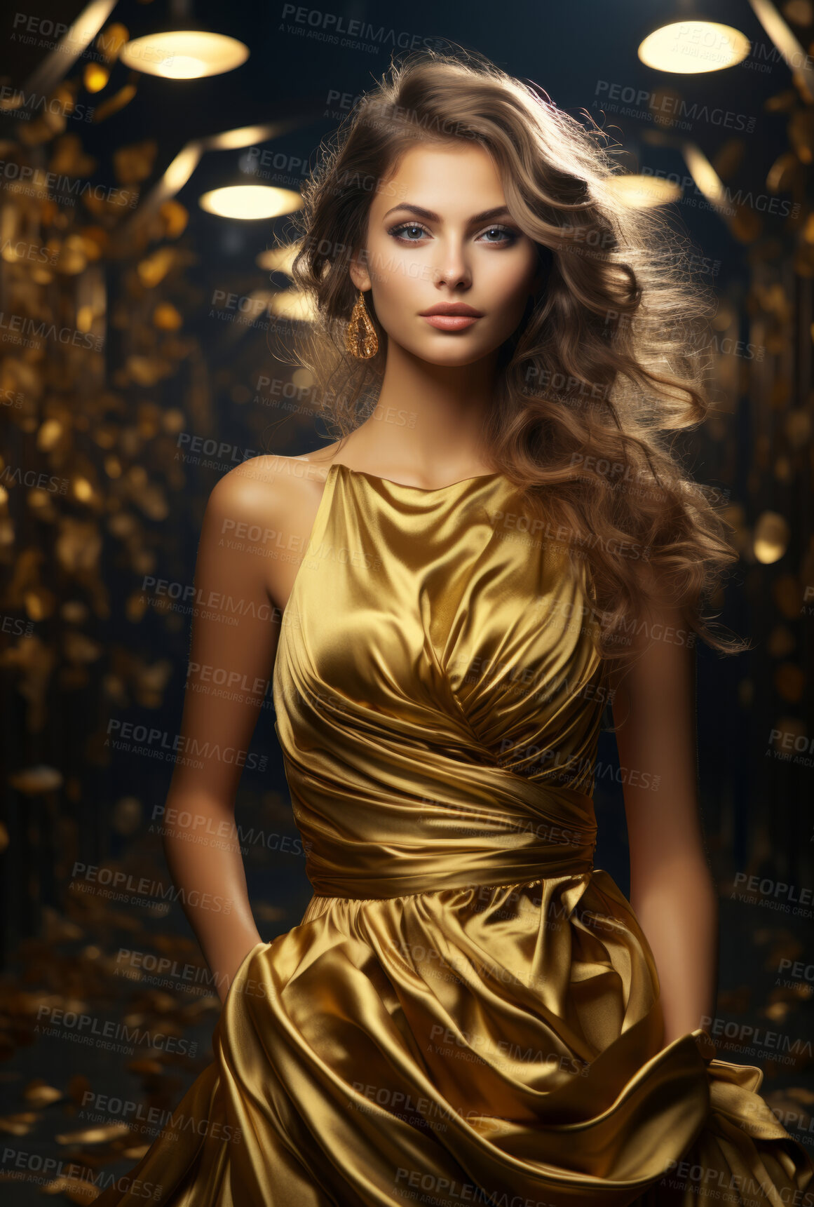 Buy stock photo Beauty, glitter and caucasian woman with gold makeup on black background with art, paint and cosmetics. Shine, glow and model in studio for facial fashion, aesthetic freedom and luxury skincare.