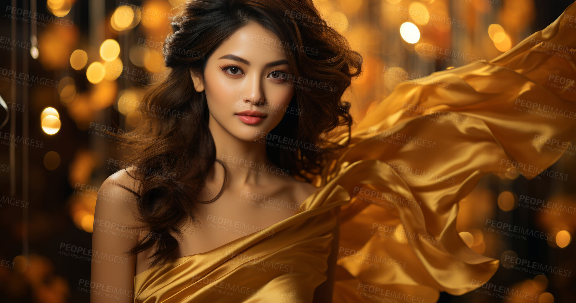 Buy stock photo Beauty, glitter and asian woman with gold makeup on black background with art, paint and cosmetics. Shine, glow and model in studio for facial fashion, aesthetic freedom and luxury skincare.