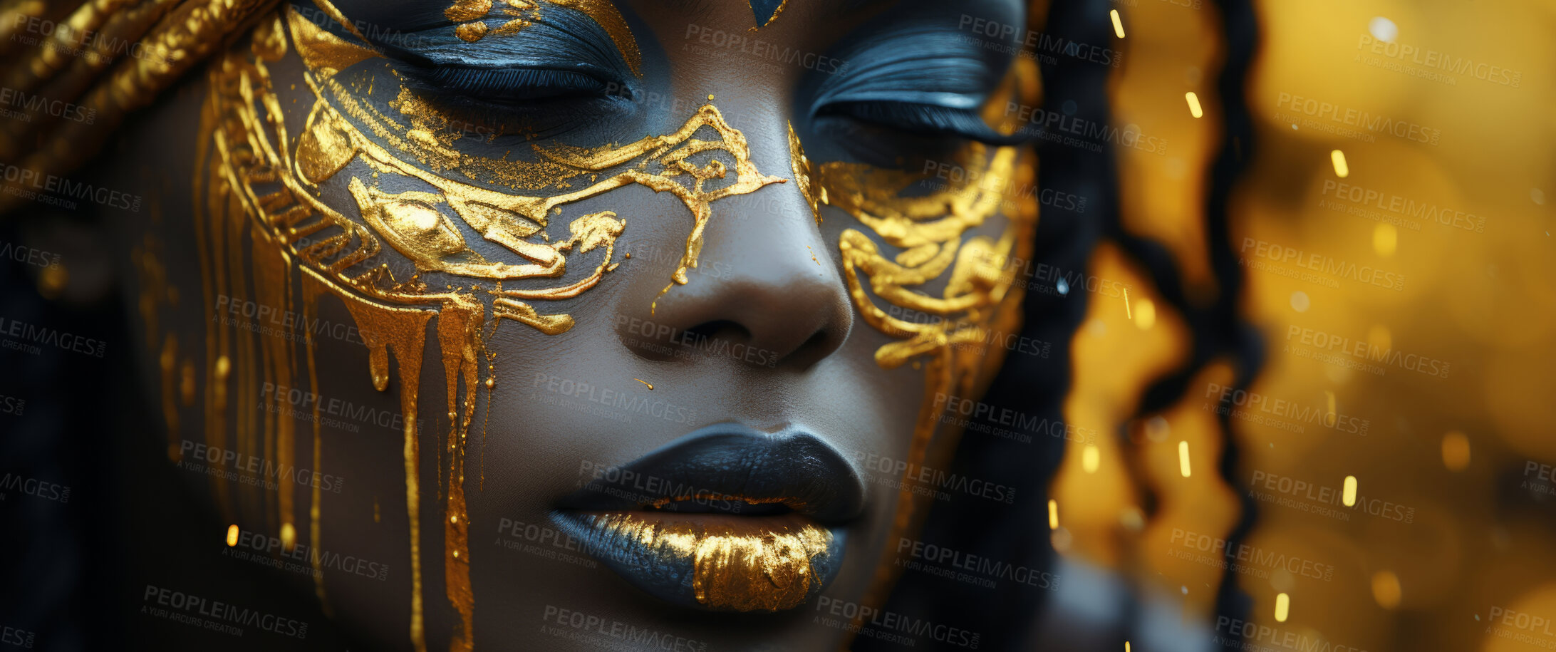 Buy stock photo Beauty, glitter and african woman with gold makeup on black background with art, paint and cosmetics. Shine, glow and model in studio for facial fashion, aesthetic freedom and luxury skincare.