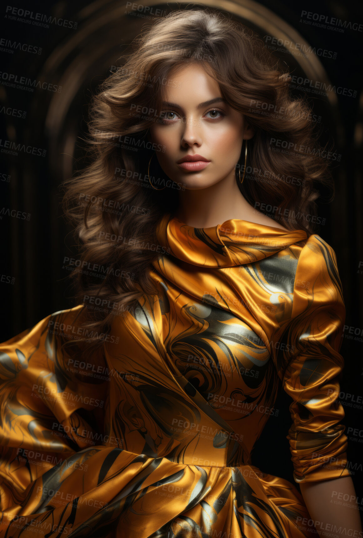 Buy stock photo Beauty, glitter and attractive woman with gold makeup on black background with art, paint and cosmetics. Shine, glow and model in studio for facial fashion, aesthetic freedom and luxury skincare.