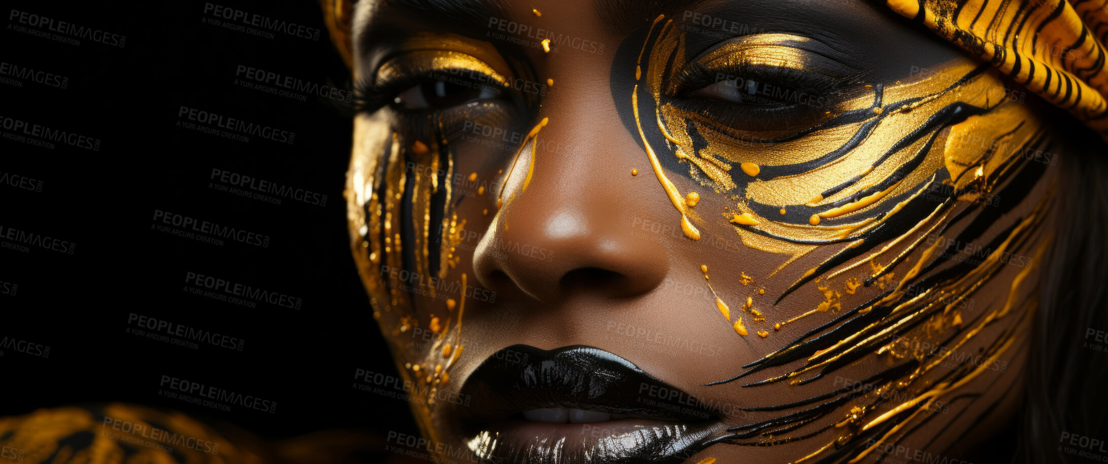 Buy stock photo Beauty, glitter and african woman with gold makeup on black background with art, paint and cosmetics. Shine, glow and model in studio for facial fashion, aesthetic freedom and luxury skincare.