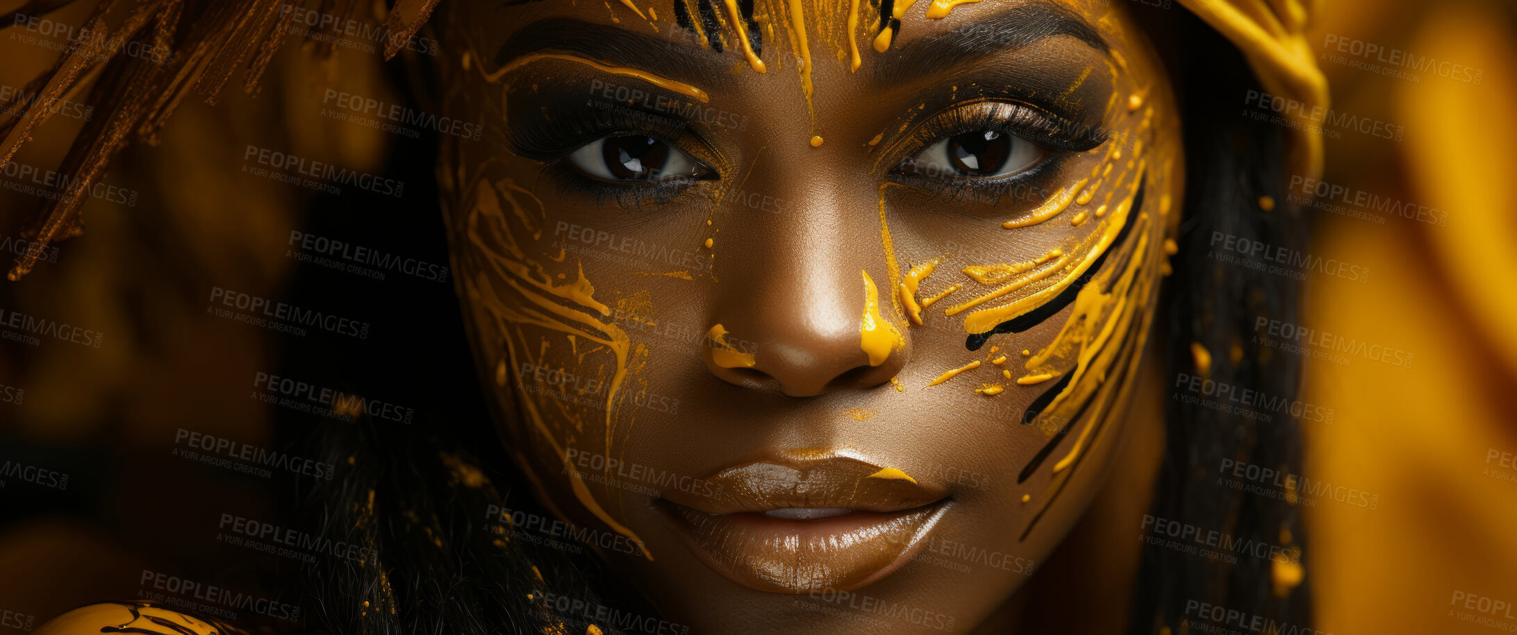 Buy stock photo Beauty, glitter and african woman with gold makeup on black background with art, paint and cosmetics. Shine, glow and model in studio for facial fashion, aesthetic freedom and luxury skincare.