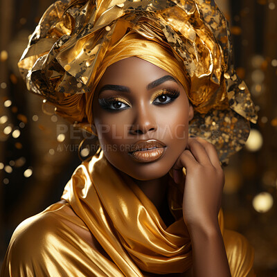 Beauty, glitter and african woman with gold makeup on black background with art, paint and cosmetics. Shine, glow and model in studio for facial fashion, aesthetic freedom and luxury skincare.