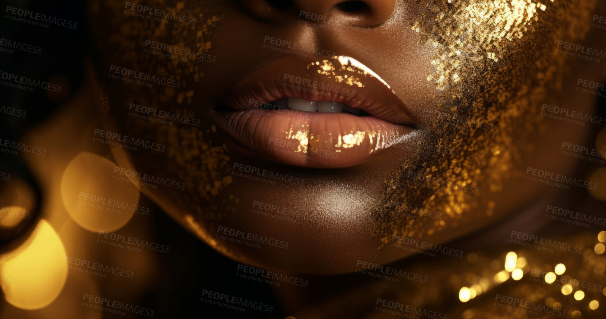 Buy stock photo Beauty, glitter and african woman with gold makeup on black background with art, paint and cosmetics. Shine, glow and model in studio for facial fashion, aesthetic freedom and luxury skincare.