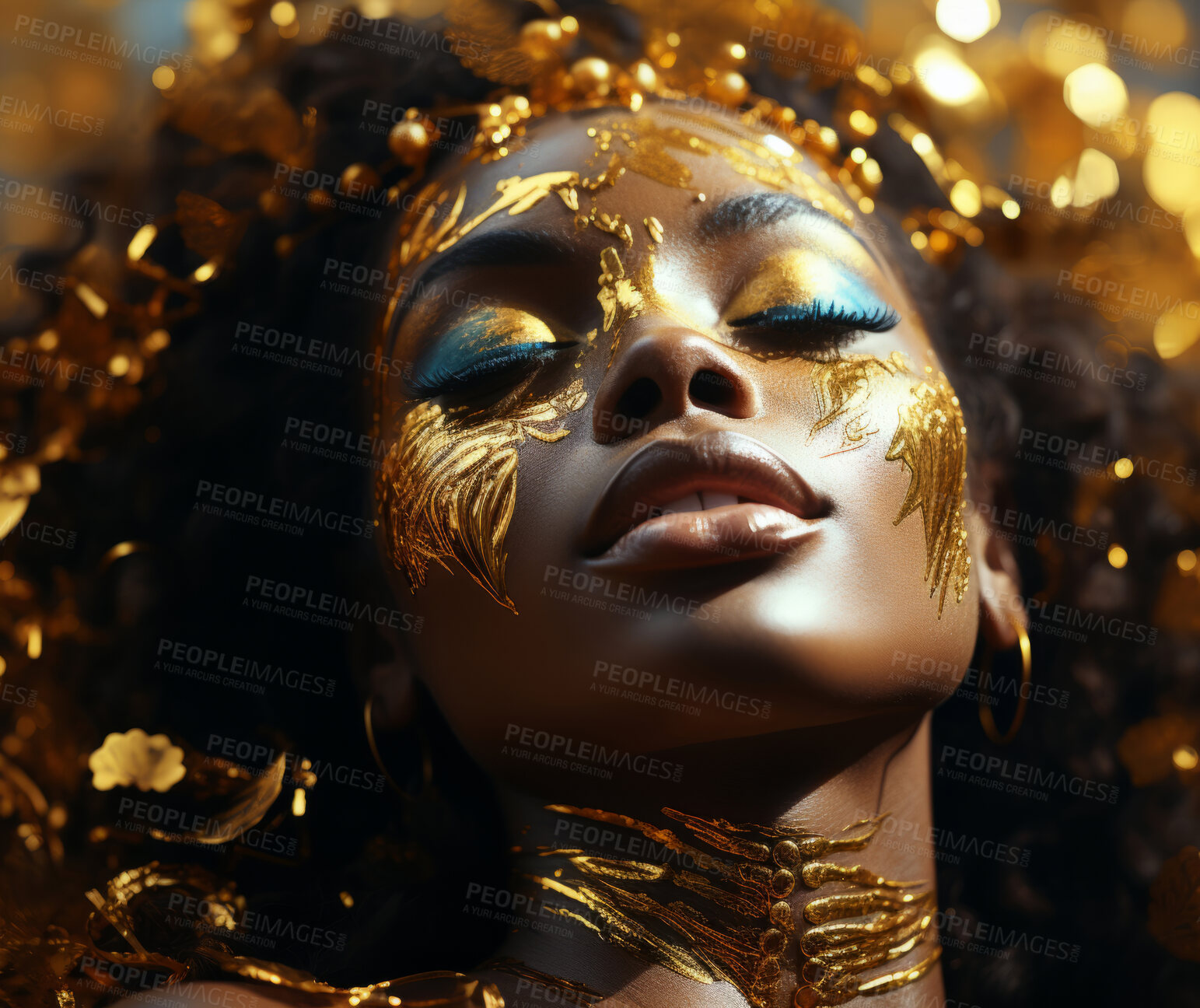 Buy stock photo Beauty, glitter and african woman with gold makeup on black background with art, paint and cosmetics. Shine, glow and model in studio for facial fashion, aesthetic freedom and luxury skincare.