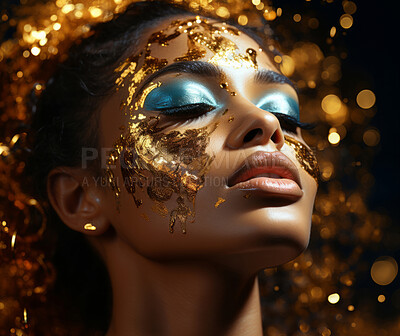 Beauty, glitter and attractive woman with gold makeup on black background with art, paint and cosmetics. Shine, glow and model in studio for facial fashion, aesthetic freedom and luxury skincare.