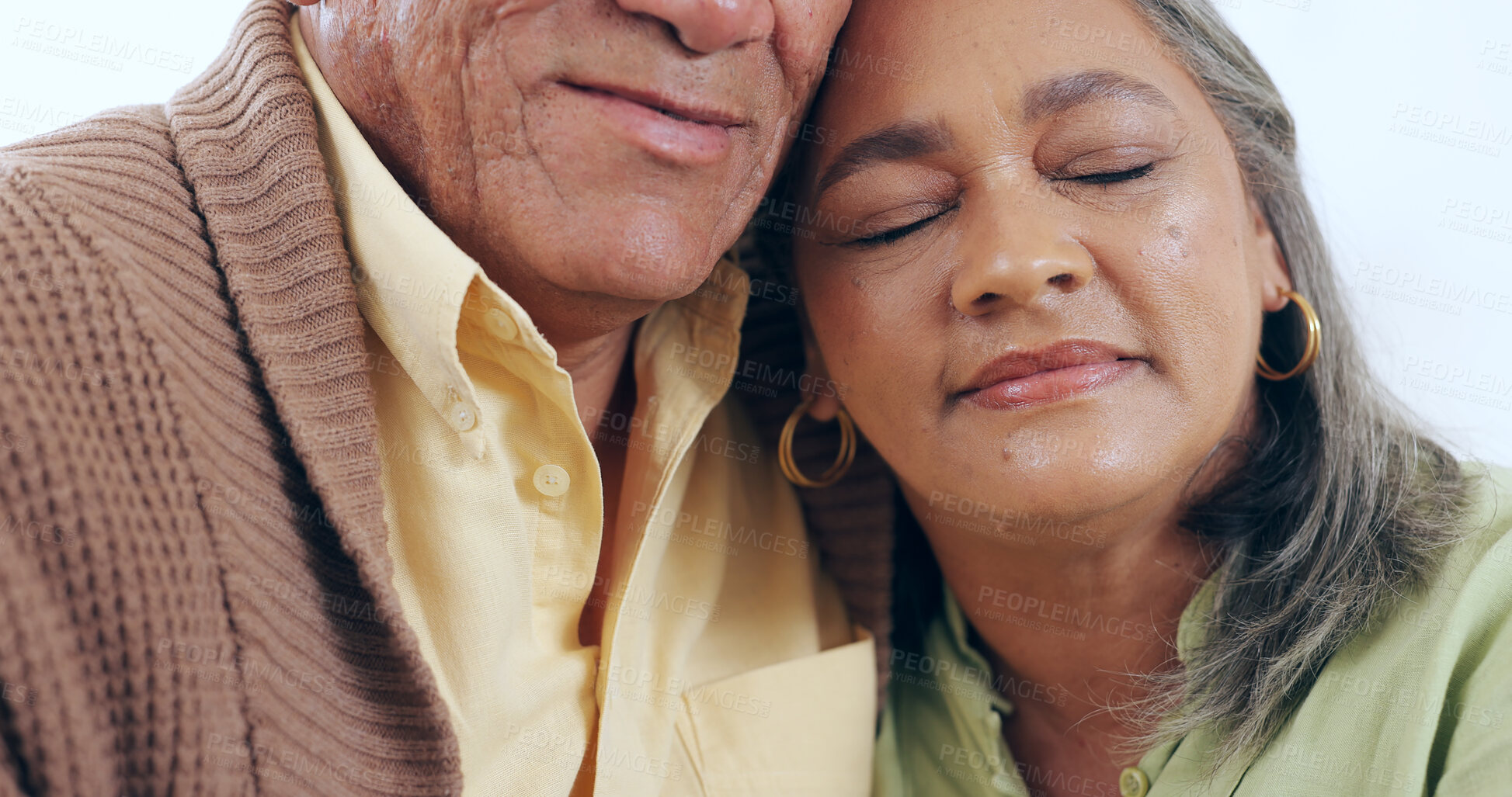 Buy stock photo Love, hug and senior couple relax together with trust, commitment and support in retirement. Marriage, old woman and elderly man embrace with loyalty, romance and happiness with peace in relationship