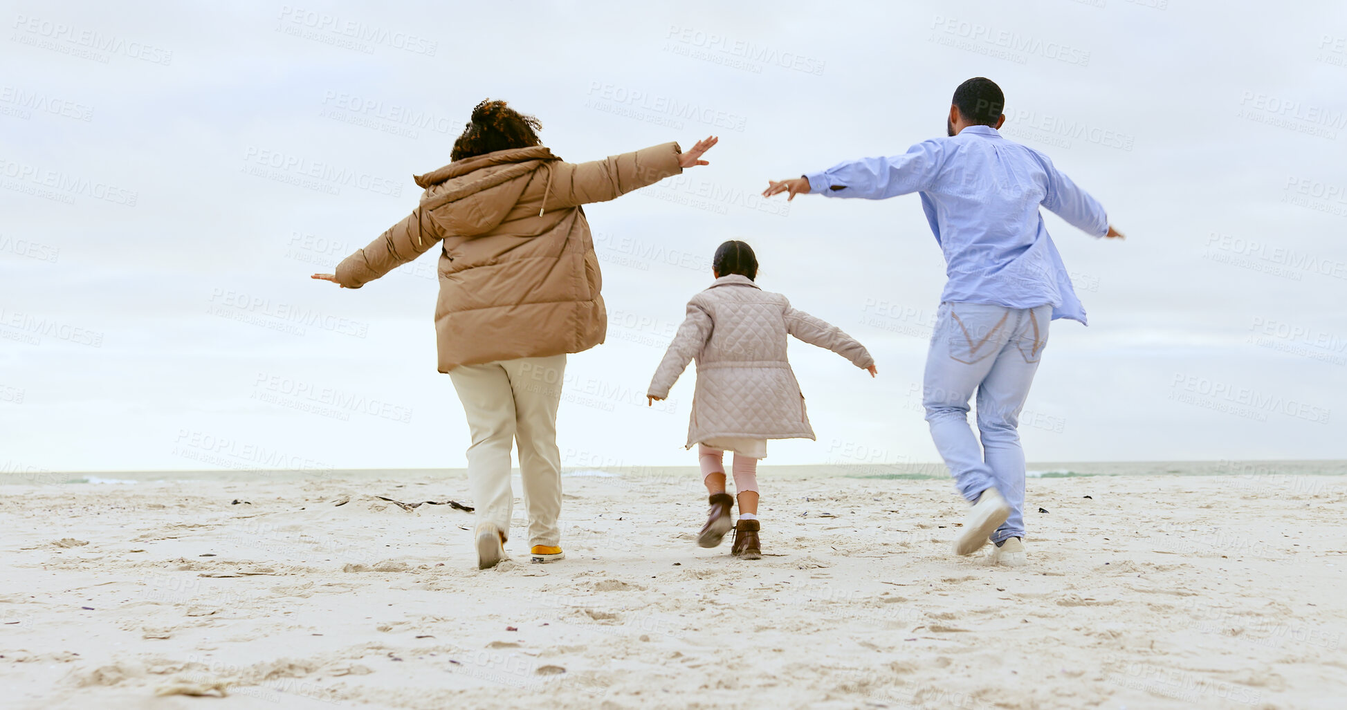 Buy stock photo Happy family, airplane game and beach in nature or support love, relax and calm holiday. Young man, woman and child with playing for care, marriage and vacation in rio de janeiro for health wellness