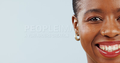 Buy stock photo Happy black woman, portrait and teeth on mockup for dental hygiene isolated against a studio background. Closeup of African female person face or model with big smile for tooth whitening or oral care