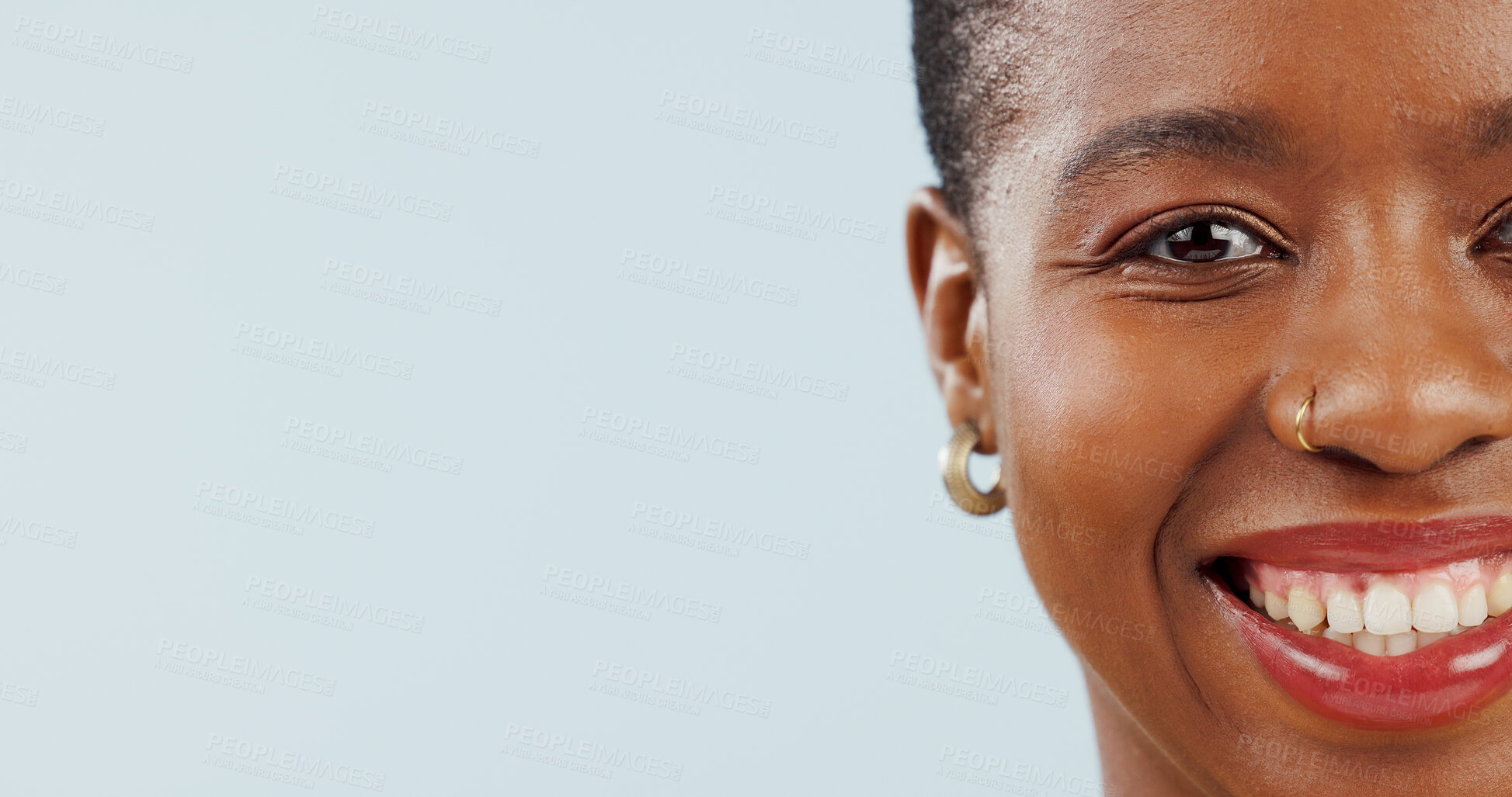 Buy stock photo Happy black woman, portrait and teeth on mockup for dental hygiene isolated against a studio background. Closeup of African female person face or model with big smile for tooth whitening or oral care