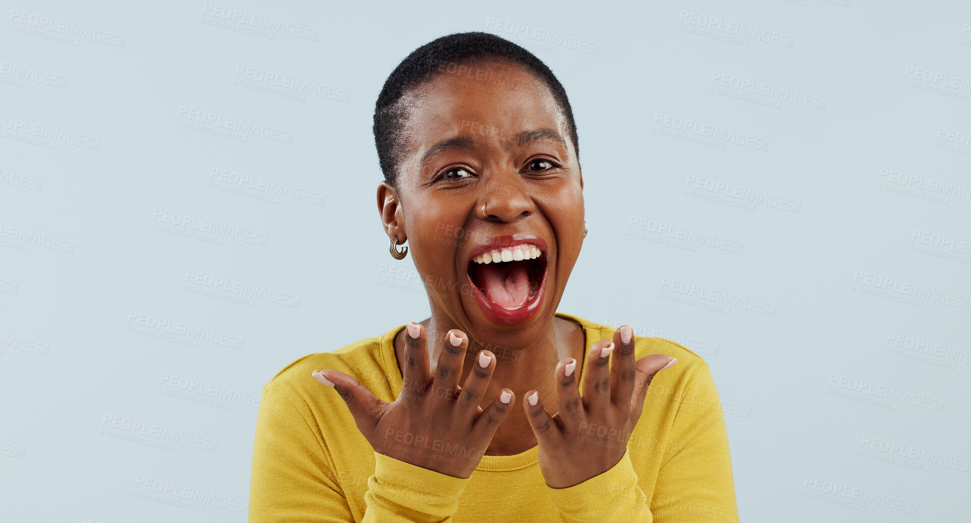 Buy stock photo Excited black woman, portrait and face in surprise for winning, prize or celebration against a studio background. Happy African female person in wow, shock or bonus promotion on sale discount or deal