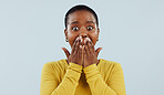 Woman, shocked and stress or cover mouth for gossip, mistake or bad news and fear or worry in studio. Portrait of african person with anxiety or scared for horror story or wow on a white background