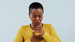 Healthcare, allergies and cough, black woman in studio with lung disease, asthma or chest pain. Tuberculosis, covid virus or breathing problem, sick person with medical emergency on white background.