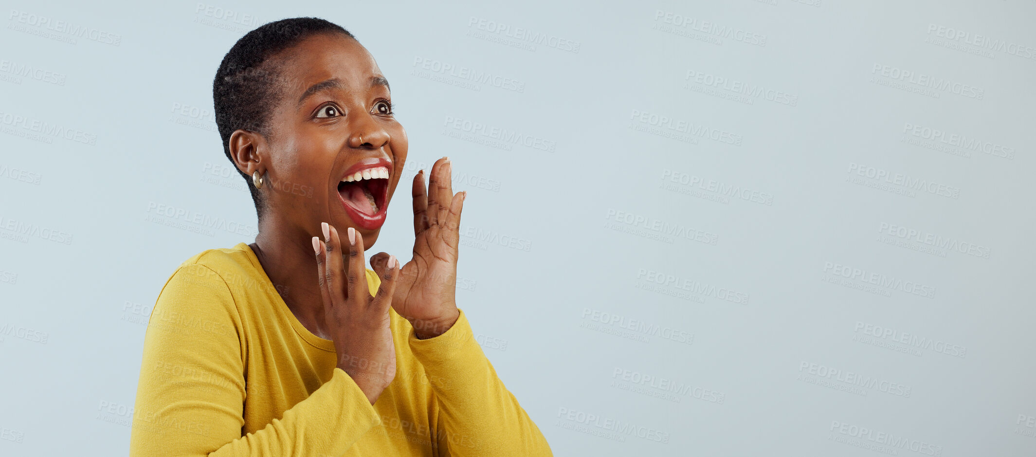 Buy stock photo Happy black woman, face and screaming in surprise, winning prize or celebration against a studio background. Excited African female person in wow, shock or bonus promotion on sale discount or deal