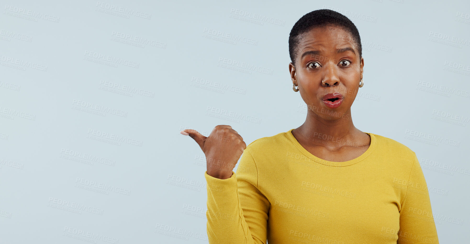 Buy stock photo Surprise, news and portrait of black woman with hand pointing in studio for wow announcement on grey background. Emoji, face and African model show unexpected results, giveaway or secret promotion