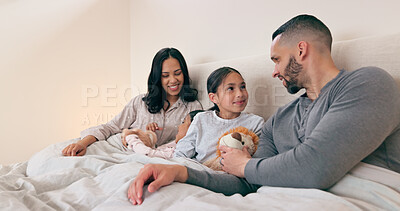 Buy stock photo Home, bed and family with parents, girls and toys with happiness, morning and weekend break. Bedroom, mother and father with kids, playing and bonding together with love, relax and peace with fun