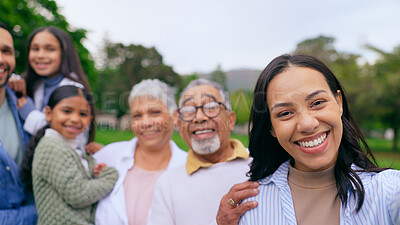 Buy stock photo Park selfie of grandparents, children and parents, smile and bonding on happy weekend in nature. Photography, fun and memory for big family on picnic, men and women with kids in garden with love.