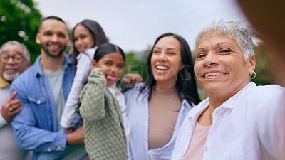 Buy stock photo Park selfie of big family, happy kids and parents, smile and bonding on weekend in nature. Photography, fun and memory for grandparents, mother and father with children in garden portrait with love.