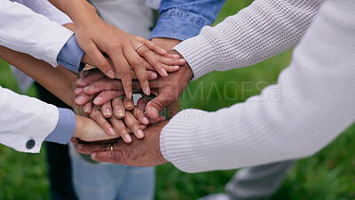 Buy stock photo People, hands stack and circle in park for support, teamwork or solidarity with goals in nature. Group, huddle and outdoor for family trust, link and connection with synergy with motivation on lawn